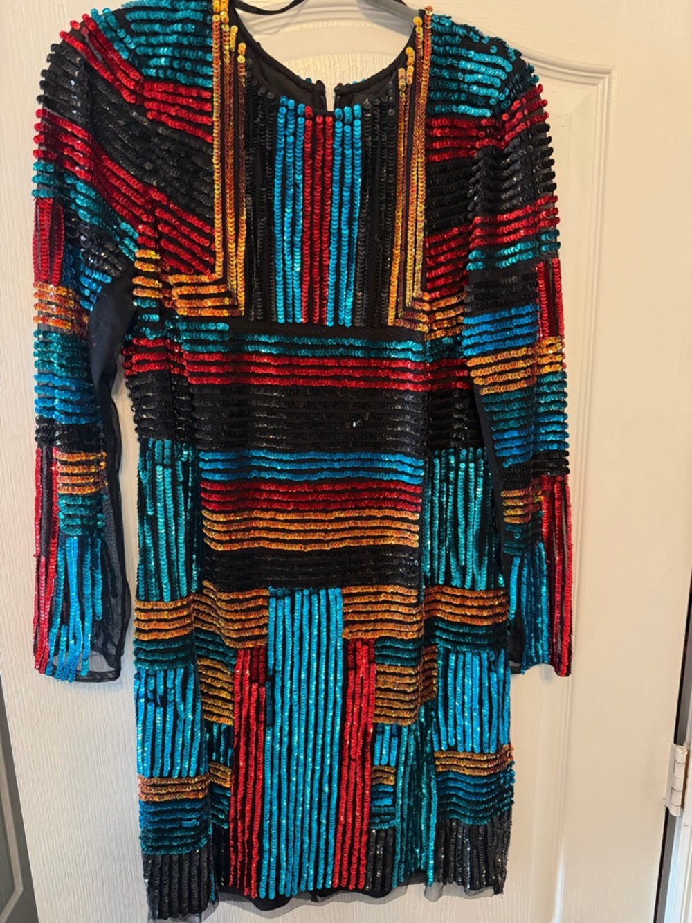 Aidan Mattox Black, Turquoise, Red & Gold Sequin Mini Dress